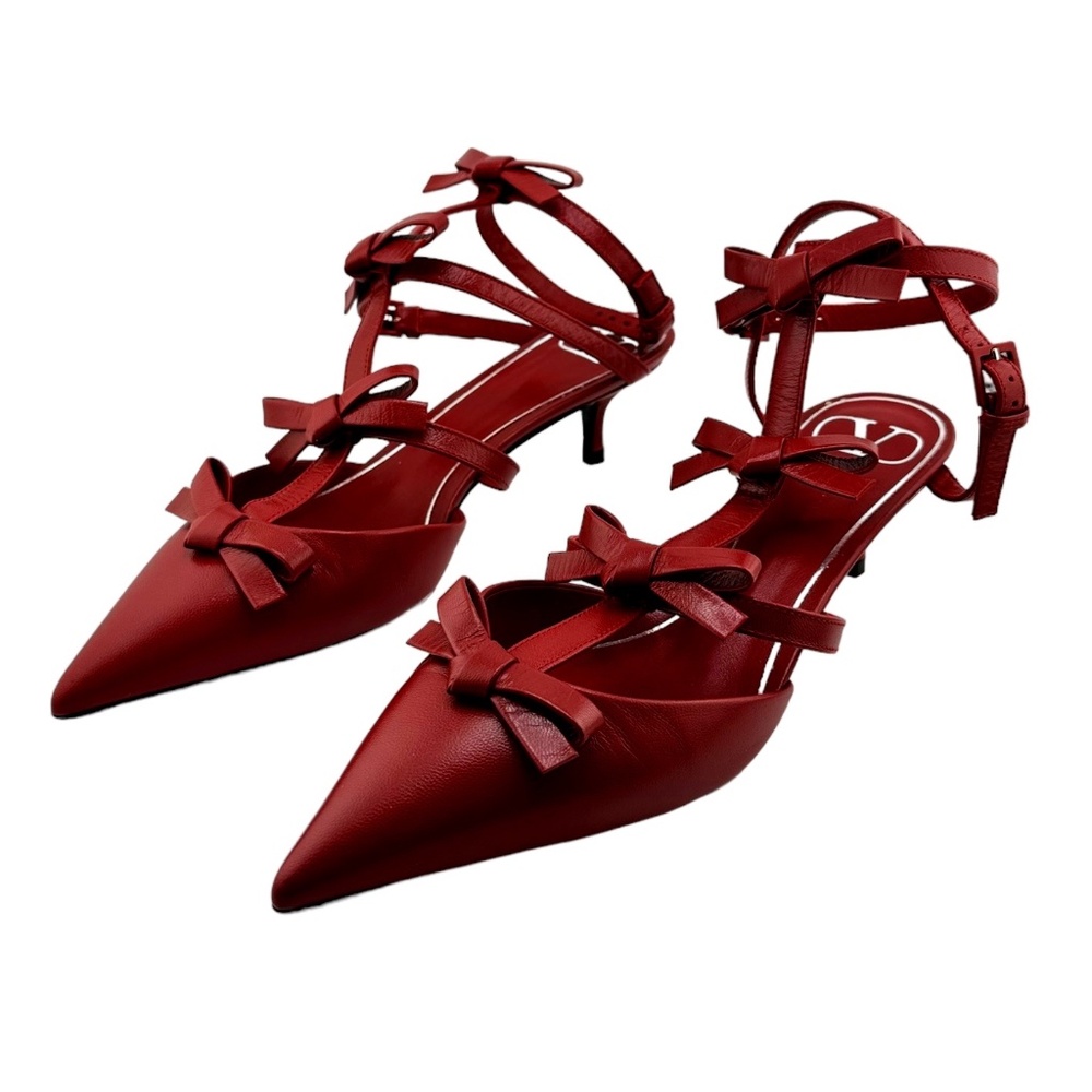 New Bow-embellished Leather Ankle Strap Pumps in Hell Red